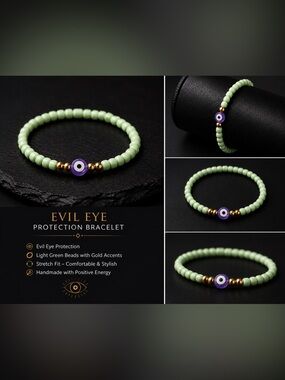 Evil Eye Green Beaded Bracelet with Gold Accents #35